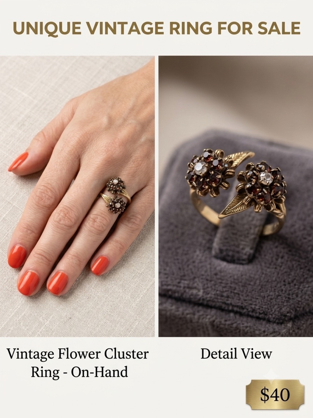 Gold-Tone Floral Cluster Ring in Brown Gemstone vintage